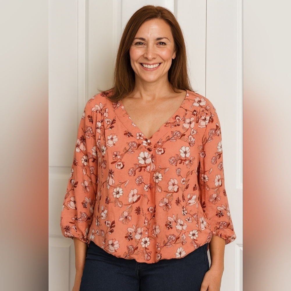 ST JOHNS BAY Boho Office XL Vibrant peach floral vneck blouse Dopamine - (#780)